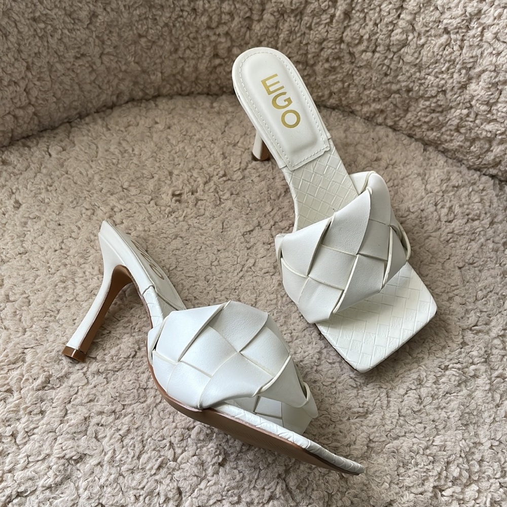 EGO Cream Woven Square-Toe Heeled Mules